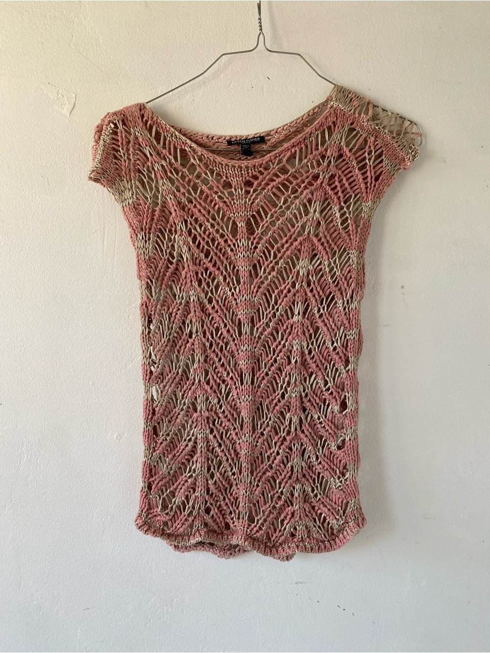Eileen Fisher Pink  rose gold Crochet boho Knit Top summer beach